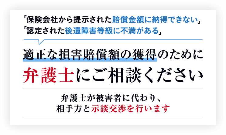 「保険会社から提示された賠償金額に納得できない」「認定された後遺障害等級に不満がある」適正な損害賠償額の獲得のために弁護士にご相談ください弁護士が被害者に代わり、相手方と示談交渉を行います